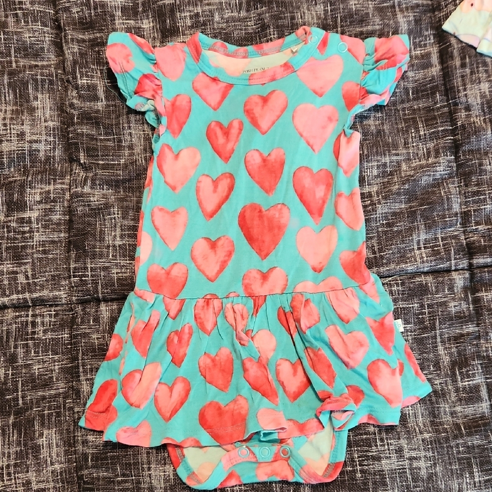 Posh Peanut Aqua & Coral Heart Ruffle Skirt Bodysuit